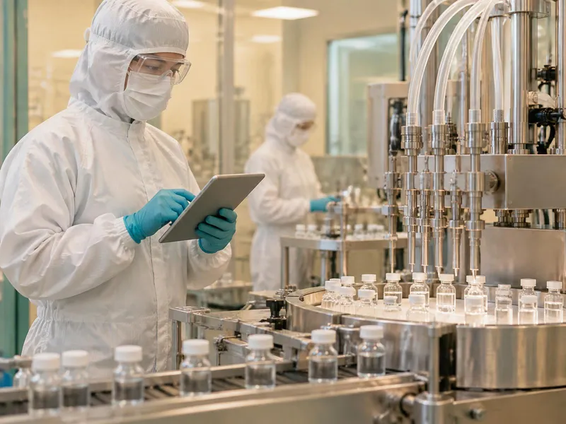 Reagent vial filling machine with an operator in hooded coverall, mask, glasses and gloves checking a tablet