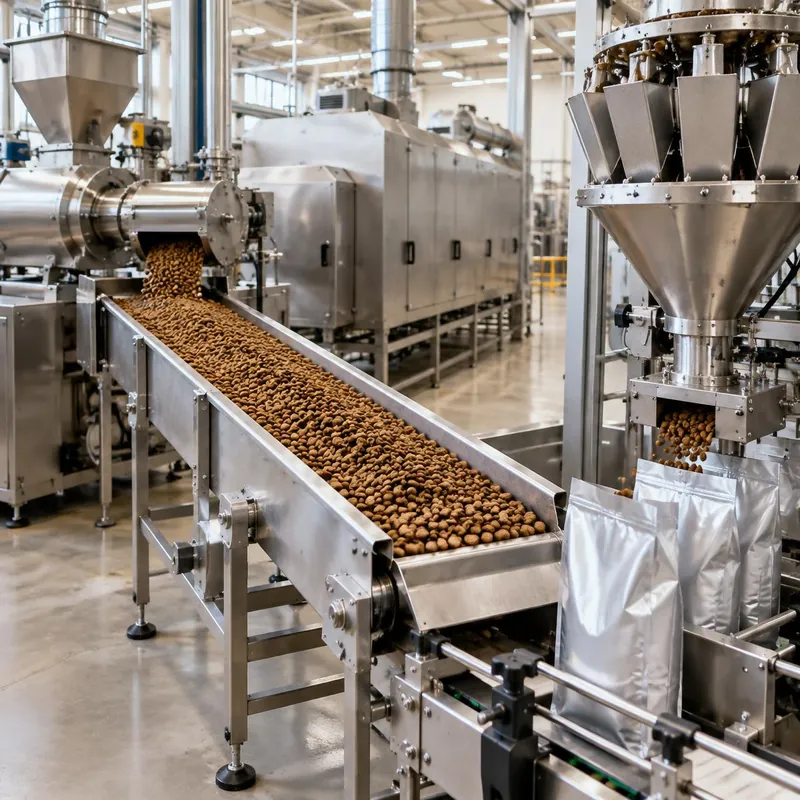Extruder and conveyor carrying kibble to an automatic bag filler