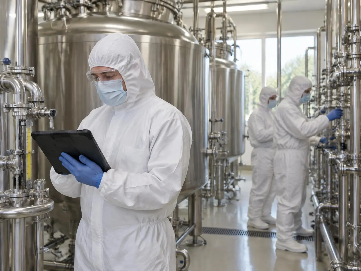 Operator in hooded white coverall, face mask, safety glasses and blue gloves reading a tablet beside stainless process tanks, with colleagues in the same protective clothing at valves behind