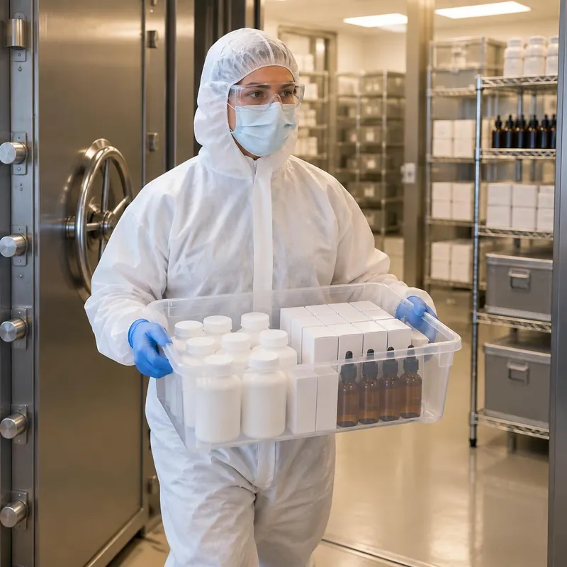 Worker in hood, mask, glasses, coverall and gloves carrying sealed packaged products into a secure vault
