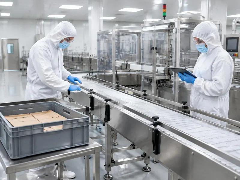 Two operators in hooded coveralls, masks, glasses and gloves clearing a conveyor and checking a line-clearance list on a tablet
