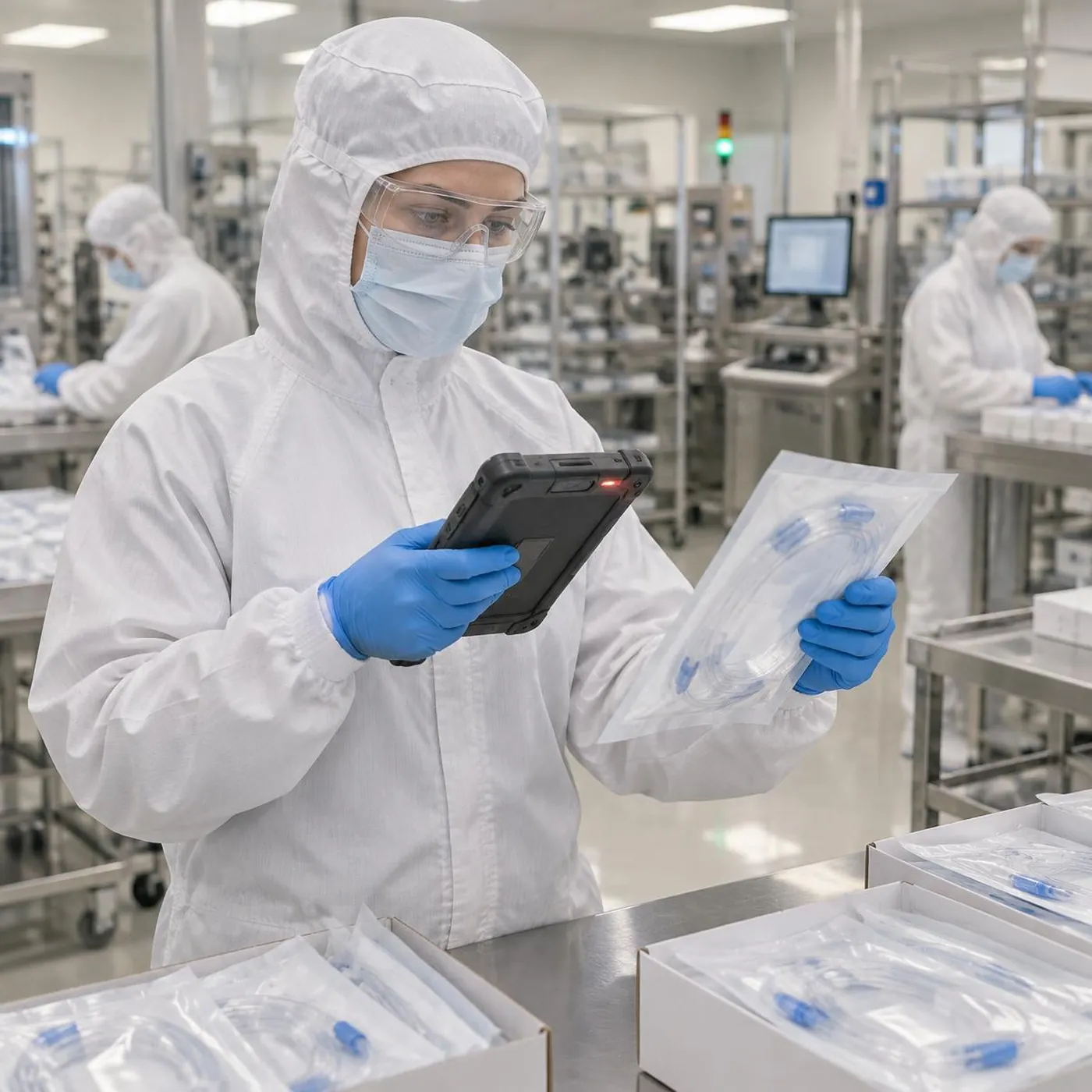 Operator in hood, mask, safety glasses, coverall and blue gloves checking a sealed device pouch against a rugged tablet, with trays of pouches and colleagues in protective clothing behind