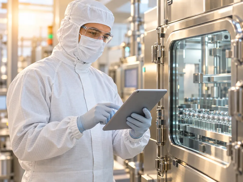 Operator in cleanroom suit using a tablet beside a stainless-steel production enclosure filled with vials
