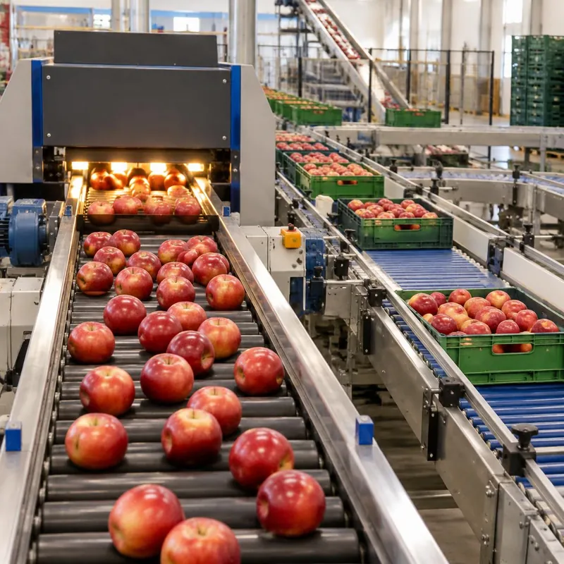 Apple grading and sorting line feeding packing lanes