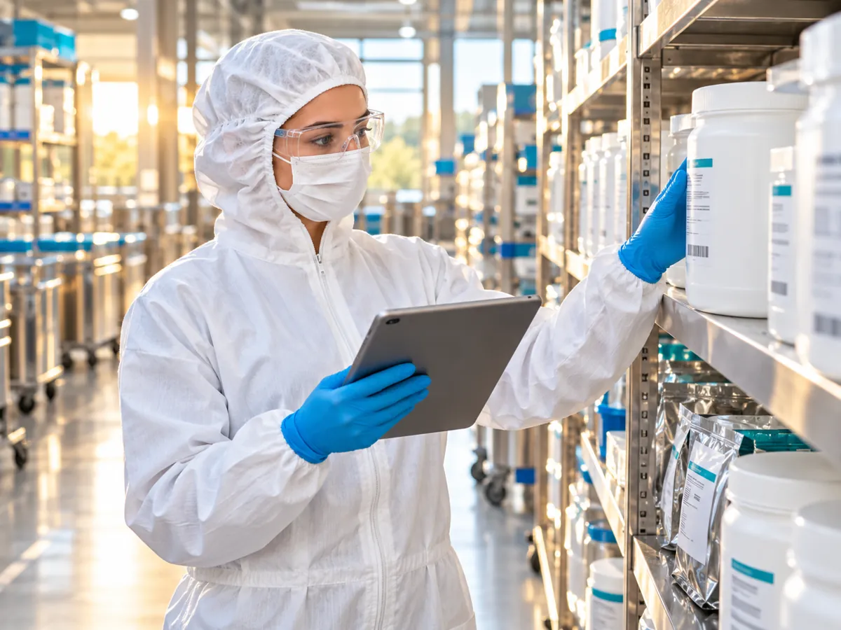 Warehouse worker in white coveralls, hood and mask holding a tablet while checking labelled containers on stainless shelving