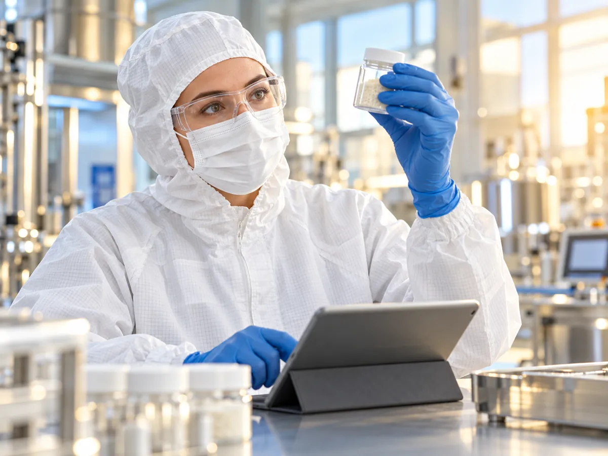 Quality technician in cleanroom suit, mask and glasses holding up a sample jar while working on a tablet