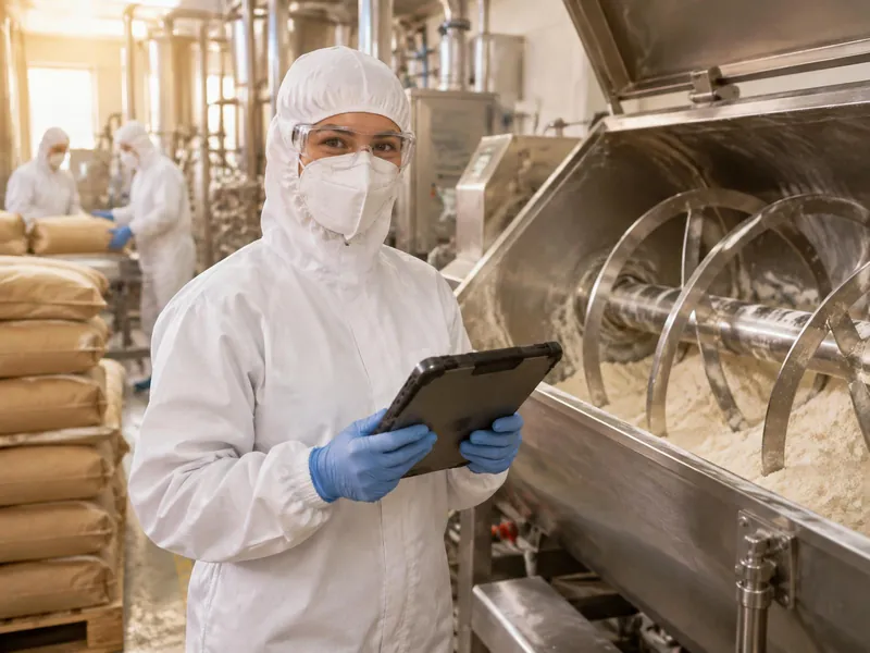 Operator in hooded coverall, mask, glasses and gloves holding a tablet beside an open ribbon blender