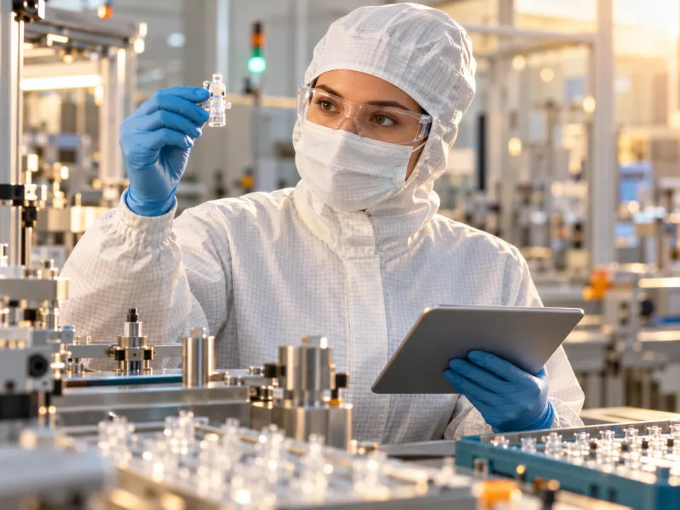 Technician in a cleanroom suit holding up a small device component while checking a tablet at an assembly line