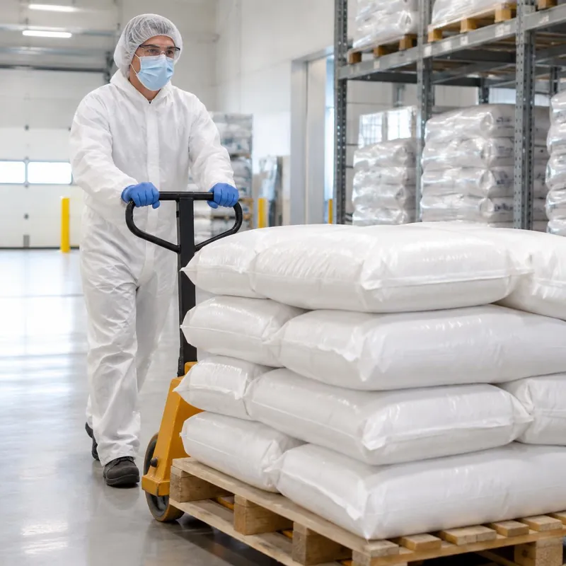 Operator in hair cover, mask, glasses, coverall and gloves moving a pallet of sealed ingredient sacks