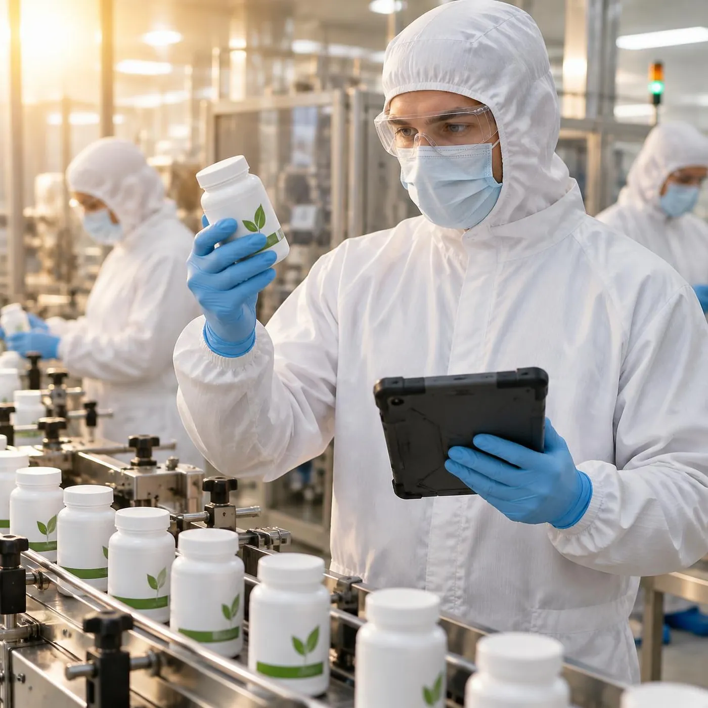 Operator in hooded coverall, face mask, safety glasses and blue gloves holding a supplement bottle and a tablet over a bottle filling line, with colleagues in protective clothing behind