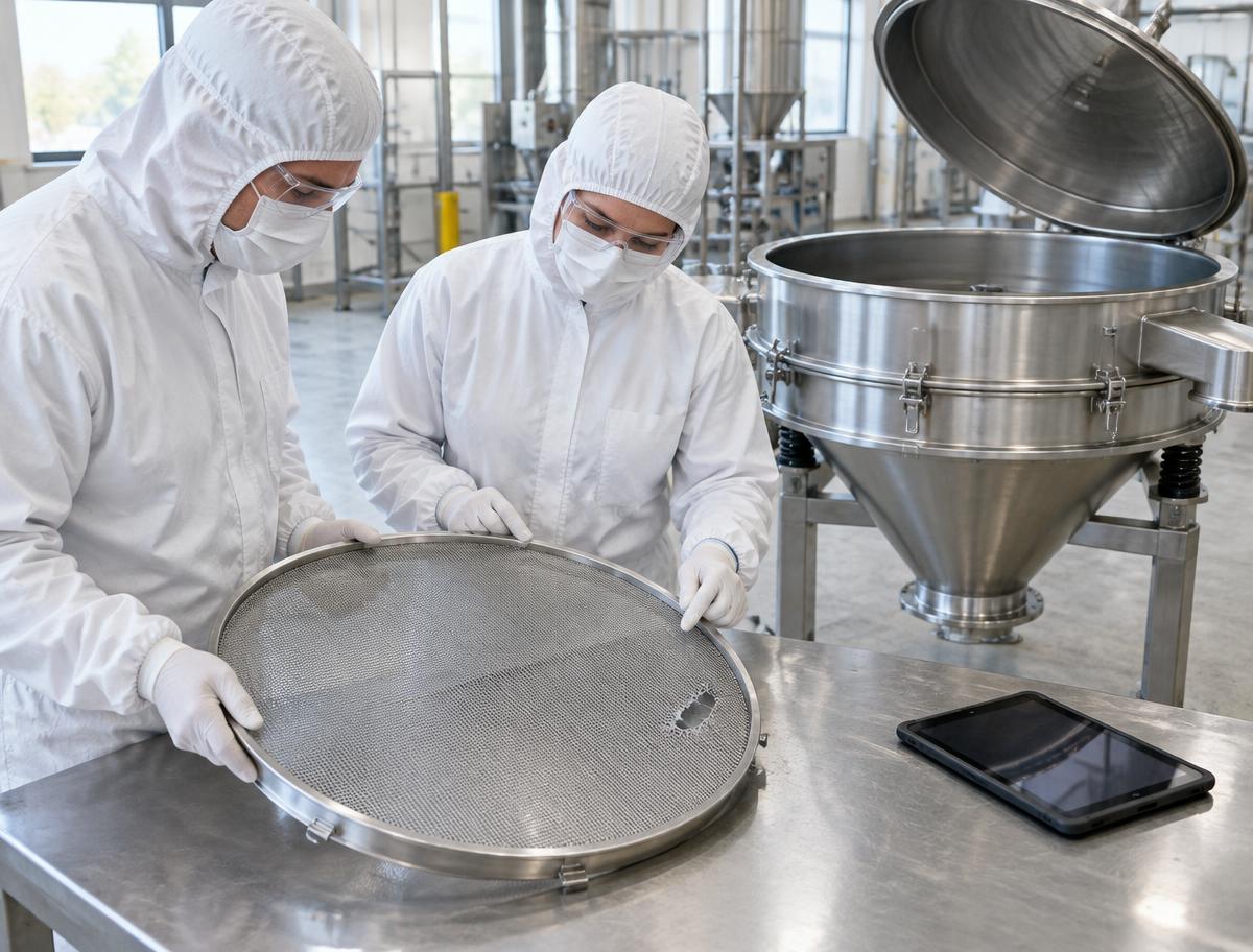 Two protected dry-food operators inspect torn mesh beside a sifter and tablet