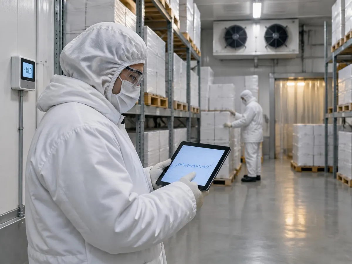 Warehouse operator in white hooded coverall, face mask, safety glasses and gloves reading a tablet beside shrink-wrapped pallets in a cold store, with a colleague in a full coverall at the racking behind