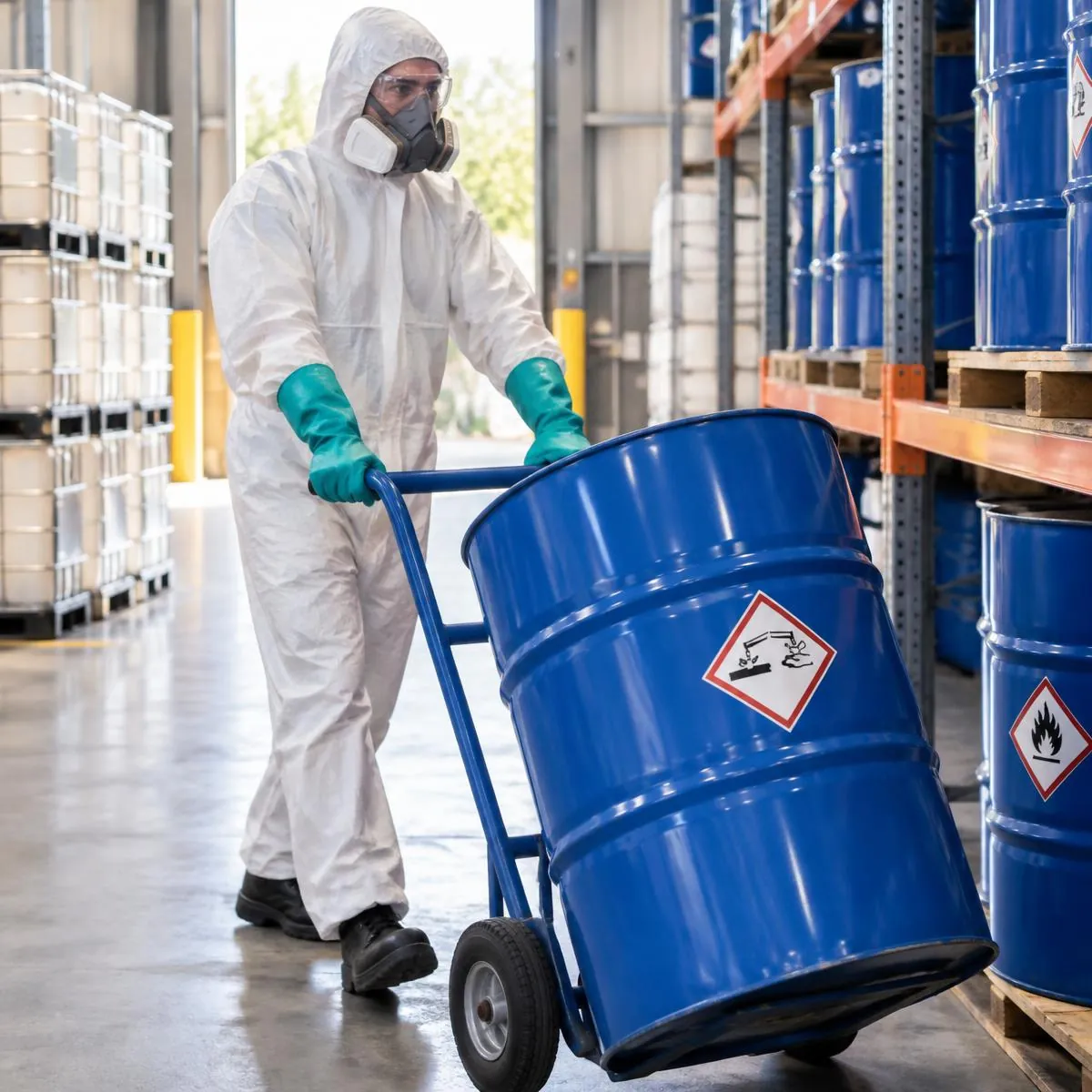 Worker in hooded white coverall, half-face respirator, goggles and green chemical gloves wheeling a blue hazard-labelled drum past racked drums and IBCs