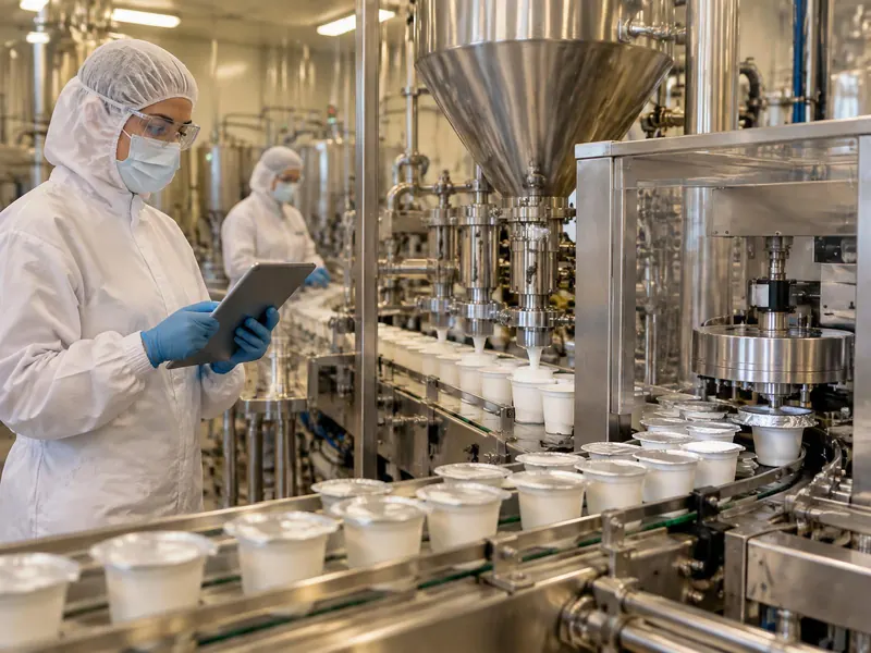 Yogurt pot filling and sealing line with an operator in hood, mask, glasses and gloves checking a tablet