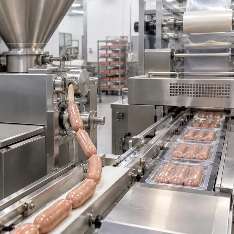 Sausage filler linking product into a vacuum packaging machine
