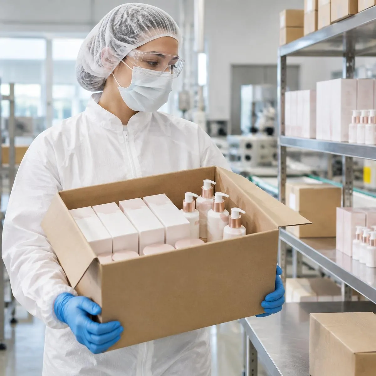 Packer in hair cover, white coat, mask, safety glasses and blue gloves carrying a carton of boxed products and pump bottles