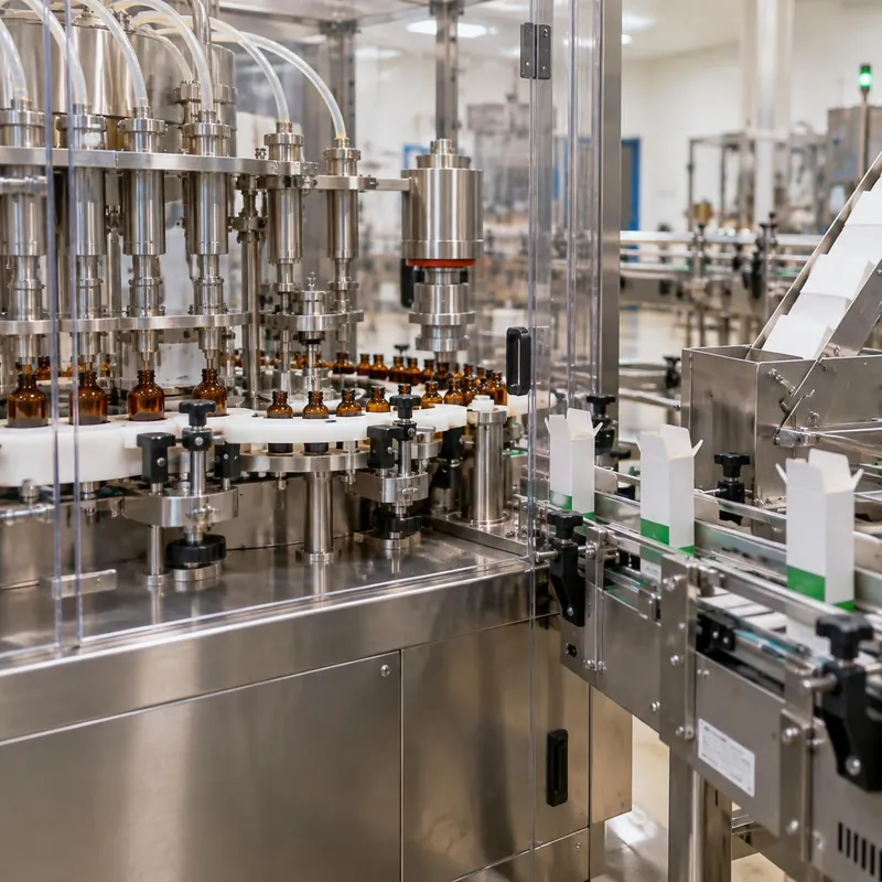 Enclosed filling and cartoning line for amber veterinary medicine bottles