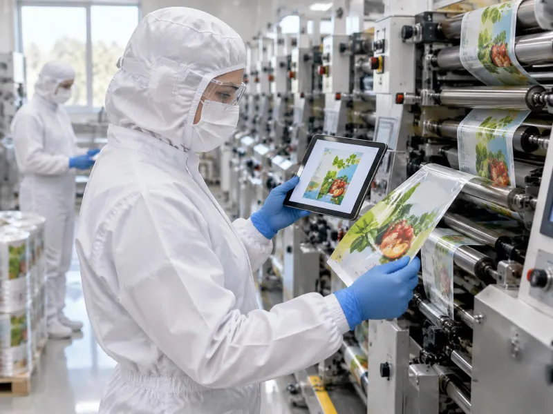 Press operator in hood, mask, safety glasses and gloves comparing a printed film sample with the approved artwork on a tablet, colleague in full protective clothing behind