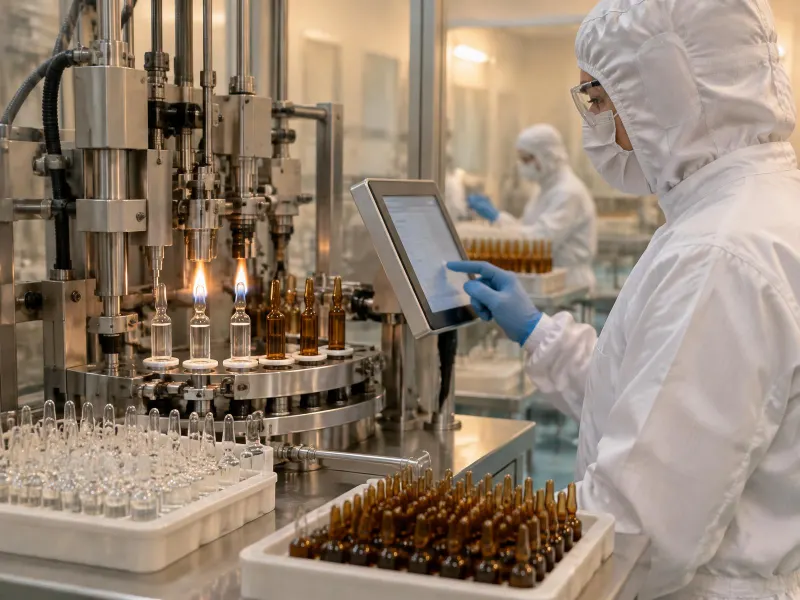 Operator in full protective clothing beside an ampoule filling line, checking a tablet