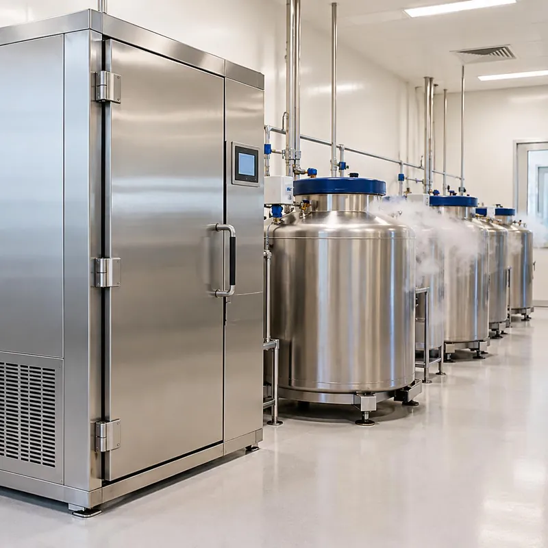 Controlled-rate freezer and cryogenic storage vessels in a clean processing room
