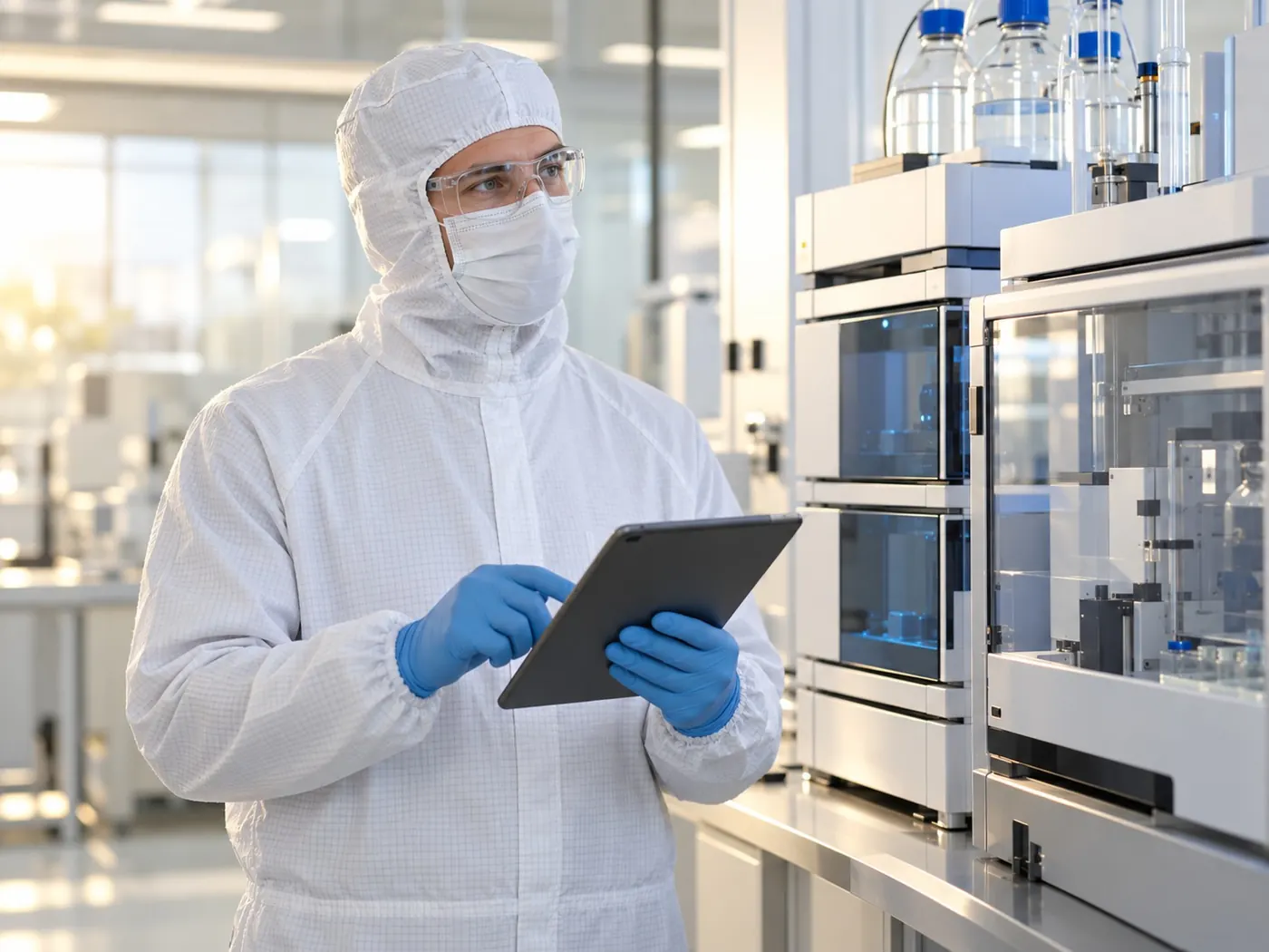 Operator in hood, coverall, mask, safety glasses and blue gloves using a tablet beside laboratory instruments