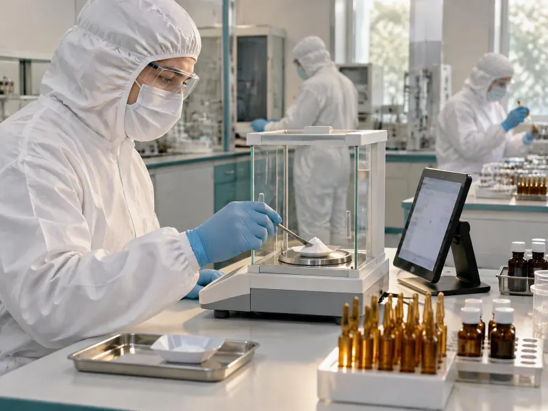Analyst in hooded coverall, mask, safety glasses and gloves weighing a standard on an analytical balance, tablet beside her, colleagues in the same protective clothing behind