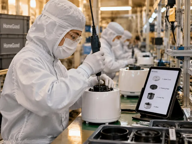 Operator in hooded coverall, mask, glasses and gloves assembling an appliance with a tablet showing the parts list