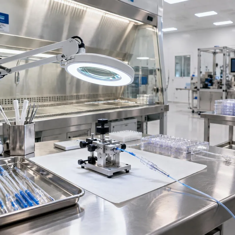 Cleanroom device assembly and inspection bench with lighted magnifier and fixture