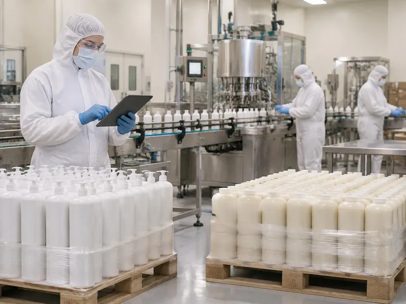 Quality lead in hooded coverall, mask, glasses and gloves checking a tablet beside a filling line with two customers' product runs on pallets, colleagues in full protective clothing behind