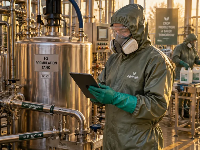 Operator in hooded chemical coverall, respirator, goggles and long gloves with a tablet beside a formulation tank