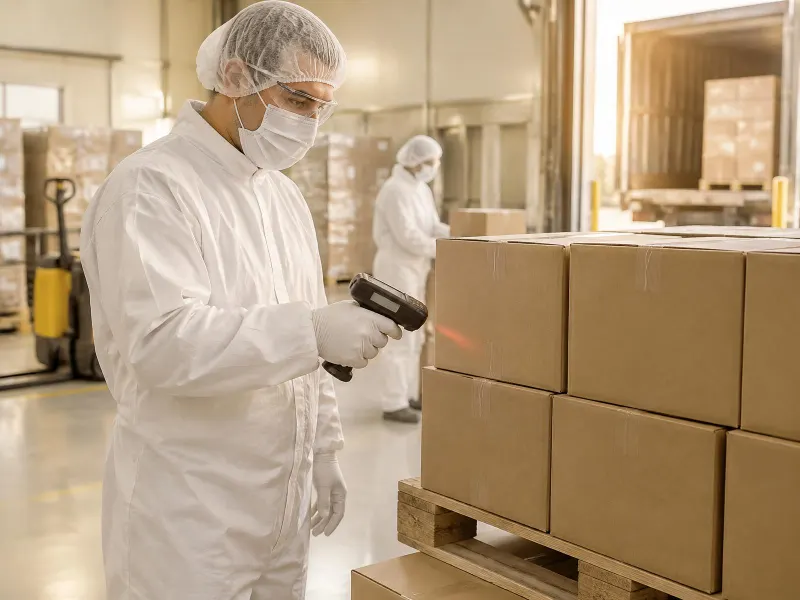 Worker in hair cover, mask, glasses, coverall and gloves scanning shipping cartons on a pallet at dispatch
