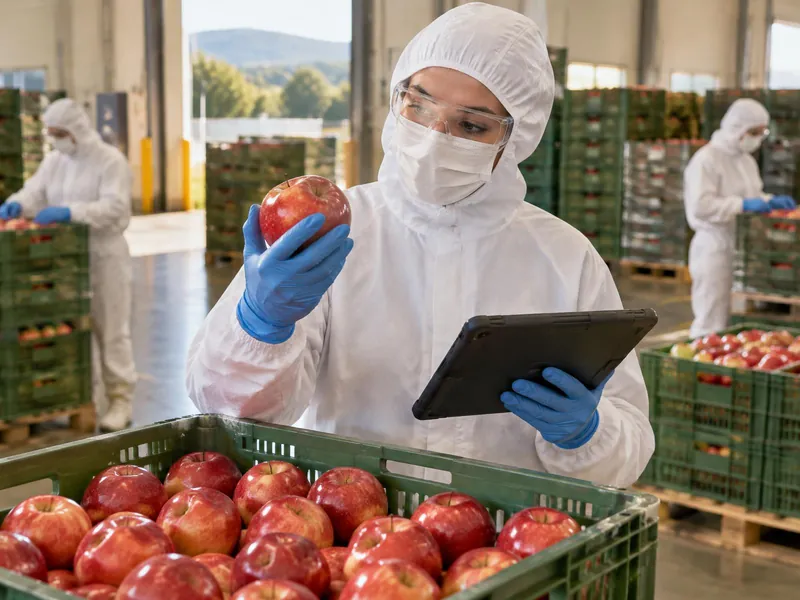 Packhouse operator in hooded coverall, mask, glasses and gloves inspecting an apple from an arriving crate with a tablet