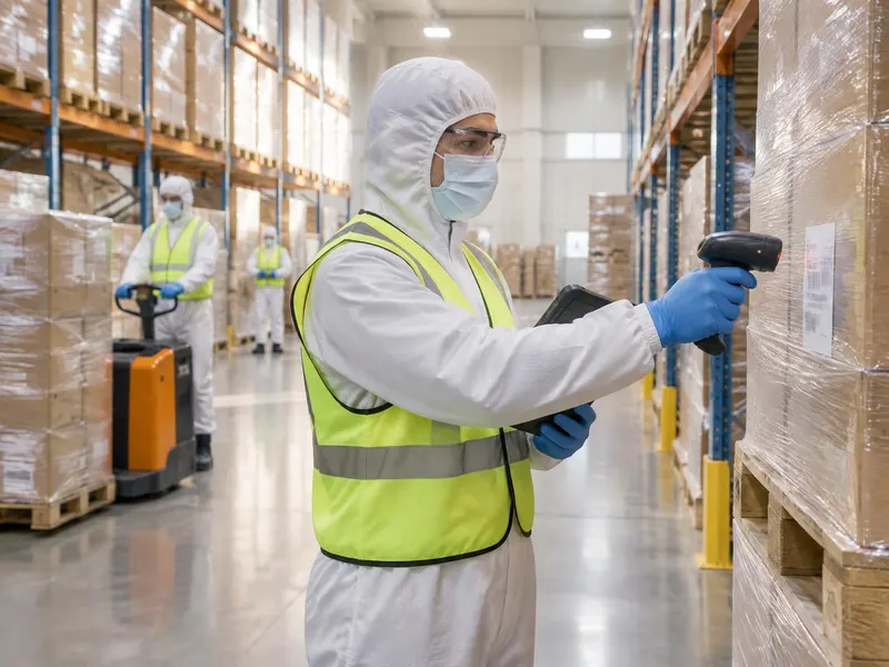 Warehouse operator in hooded coverall, mask, safety glasses, hi-vis vest and gloves scanning a pallet label while holding a tablet, two colleagues in the same protective clothing behind with a pallet truck