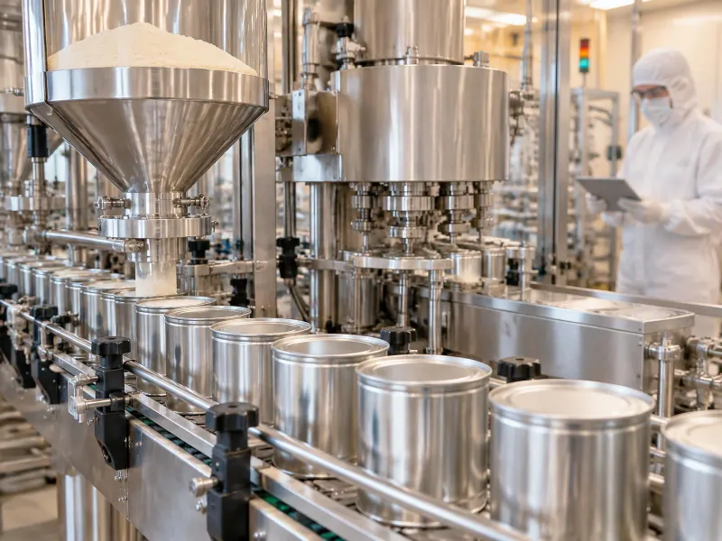 Powder filling and seaming line with plain metal cans, operator in protective clothing checking a tablet