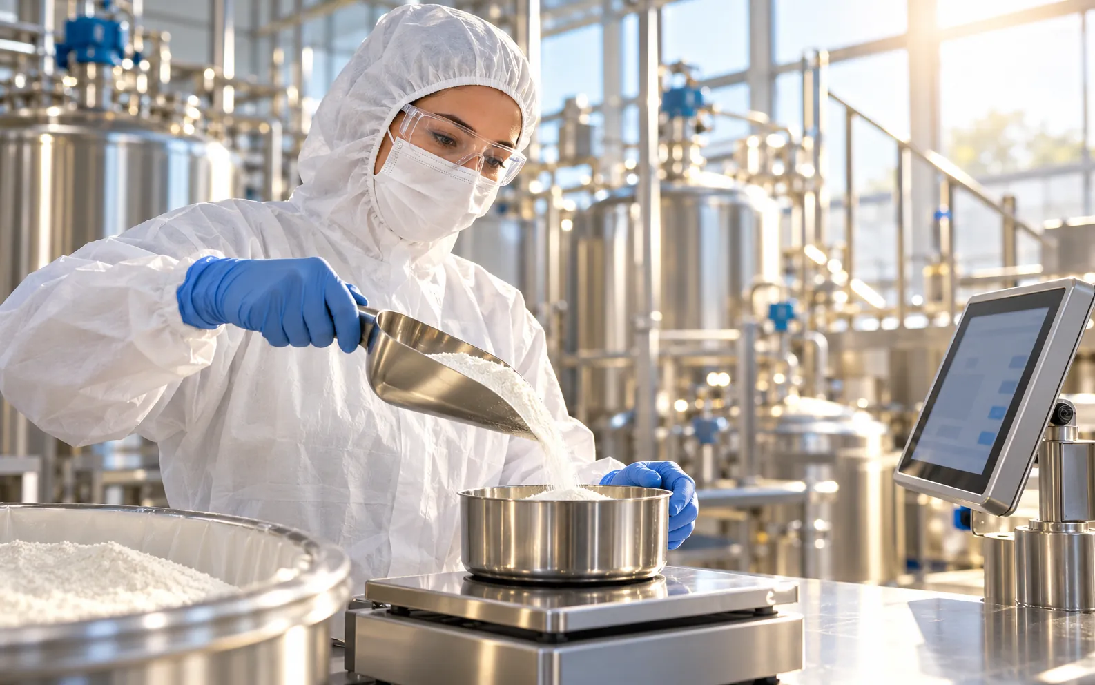 Operator in hood, mask, safety glasses and gloves recording work on a production terminal beside equipment