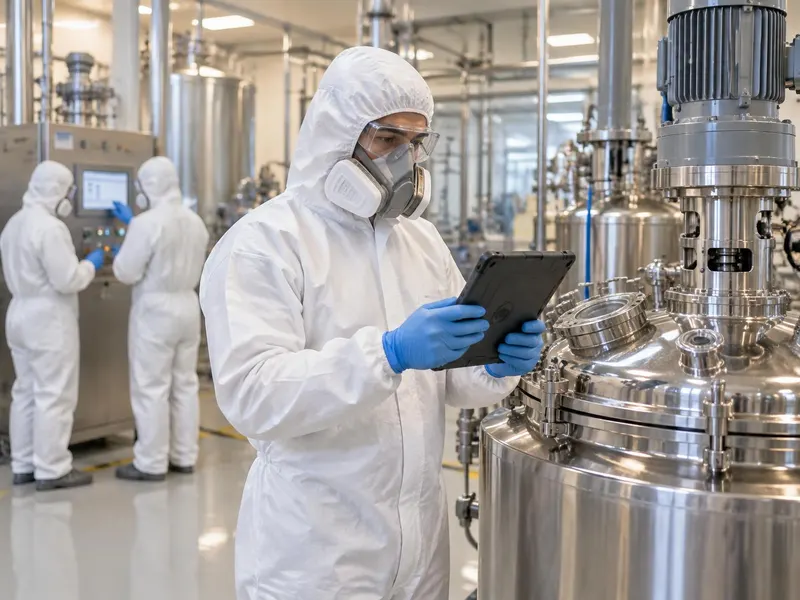Operator in hooded coverall, respirator, goggles and gloves checking a tablet beside a stainless disperser vessel, two colleagues in full protective clothing at a control panel behind