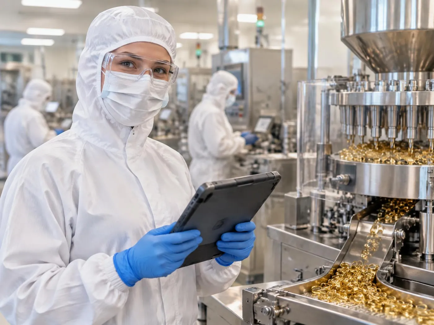 Operator in hooded white coverall, mask, safety glasses and blue gloves holding a tablet beside a softgel machine, with two colleagues in the same protective clothing behind