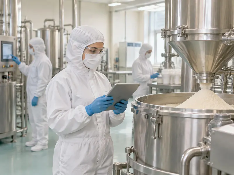 Operator in hooded coverall, mask, glasses and gloves checking a tablet beside a powder blender, colleagues in full protective clothing behind