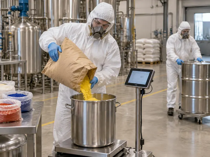 Operator in hood, respirator, goggles and gloves pouring pigment into a container on a scale with a weighing display, colleague in full protective clothing moving a drum