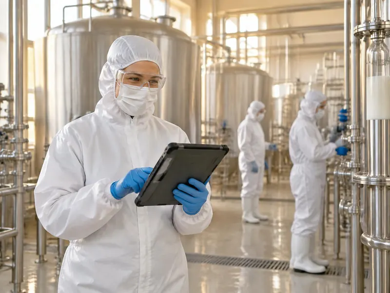 Operator in hooded coverall, mask, glasses and gloves checking a tablet beside stainless milk tanks, two colleagues in full protective clothing behind