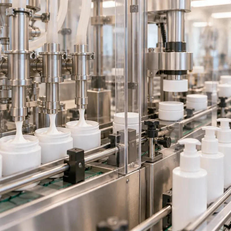 Filling and capping line for cream jars and pump bottles