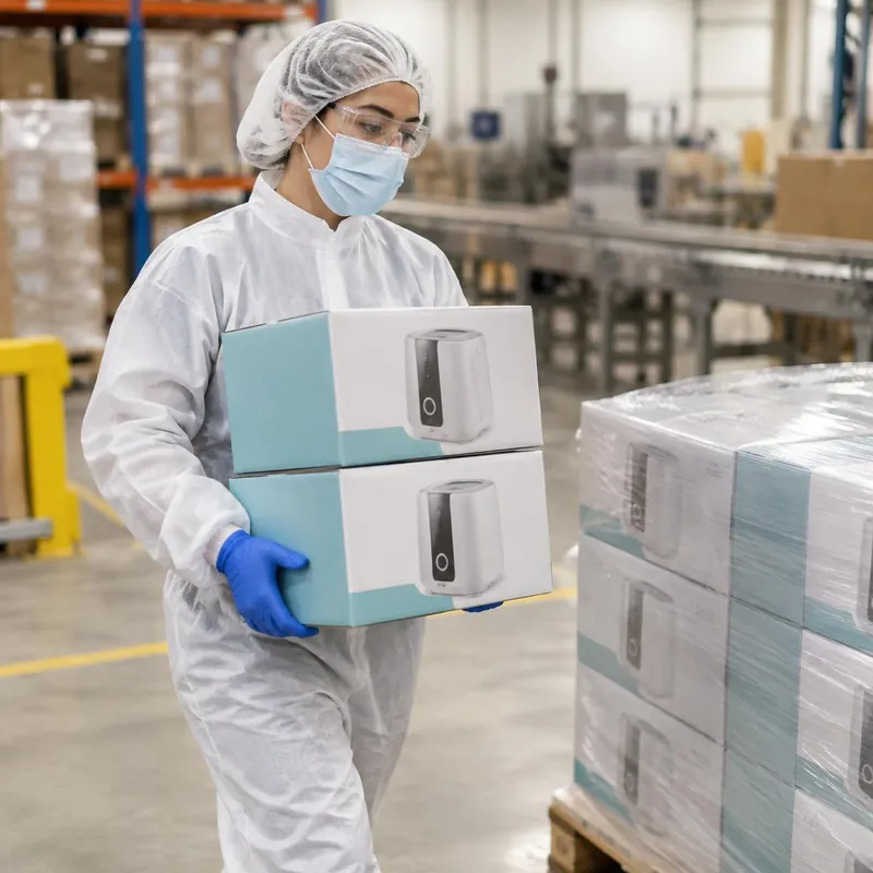 Worker in hair cover, mask, glasses, coverall and gloves carrying boxed appliances to a dispatch pallet