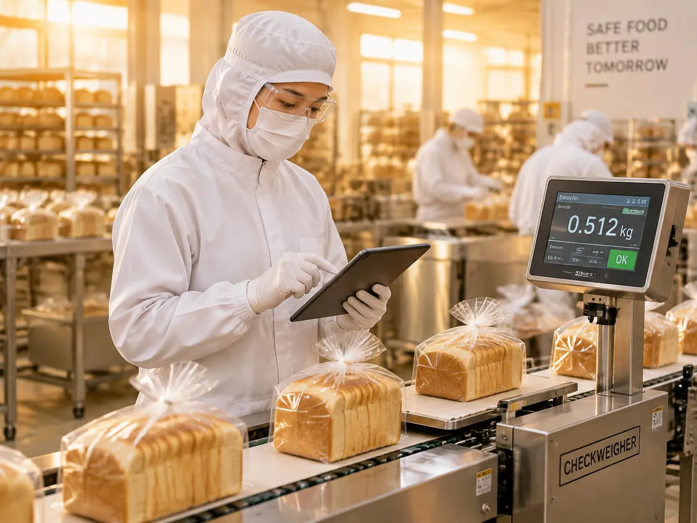 Bakery operator in hood, face mask, safety glasses and gloves using a tablet beside bagged sliced loaves on a packing line, with colleagues in protective clothing behind