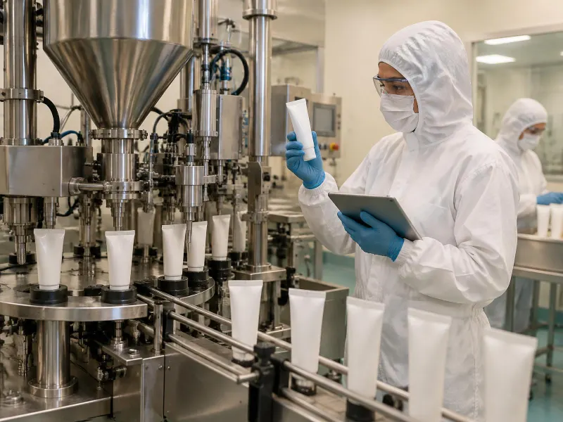 Tube filling line with an operator in full protective clothing checking a tablet