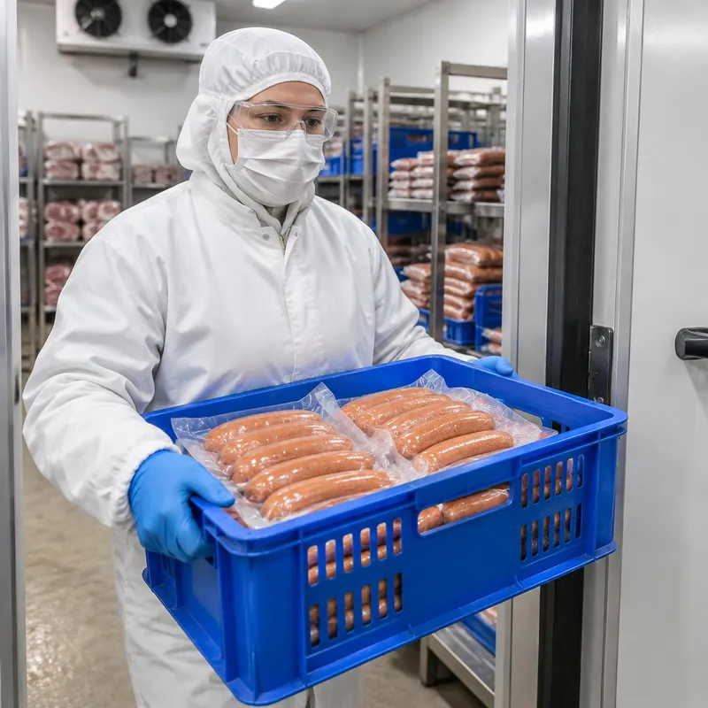 Worker in hood, mask, glasses, coat and gloves carrying a crate of sealed sausage packs into a cold store