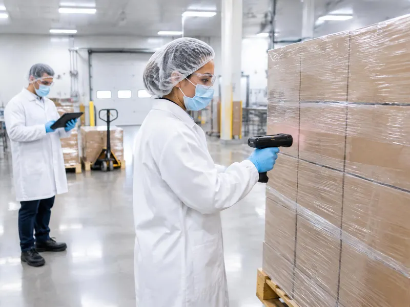 Worker in hair cover, mask, glasses, coat and gloves scanning a finished pallet at dispatch, colleague with a tablet behind