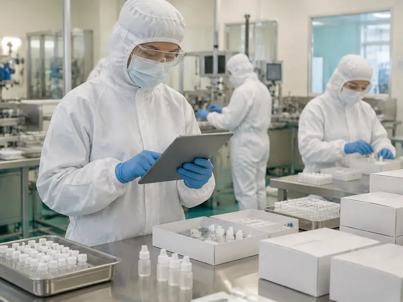 Technician in hooded coverall, mask, glasses and gloves checking a tablet beside trays of reagent bottles and boxed kits, two colleagues in full protective clothing behind
