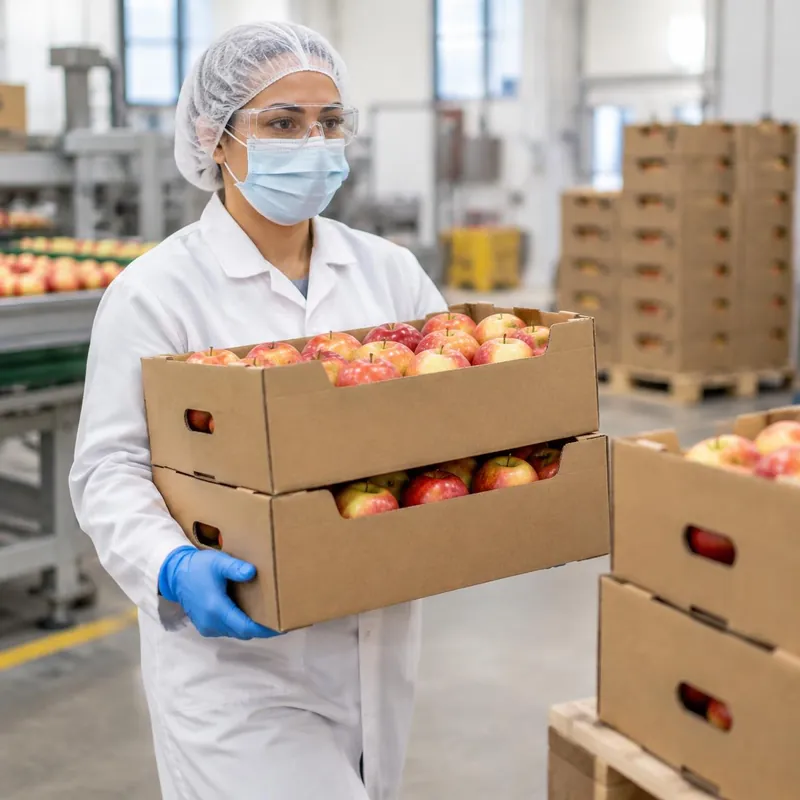 Packhouse worker in hair cover, mask, glasses, coat and gloves carrying packed apple trays to a pallet
