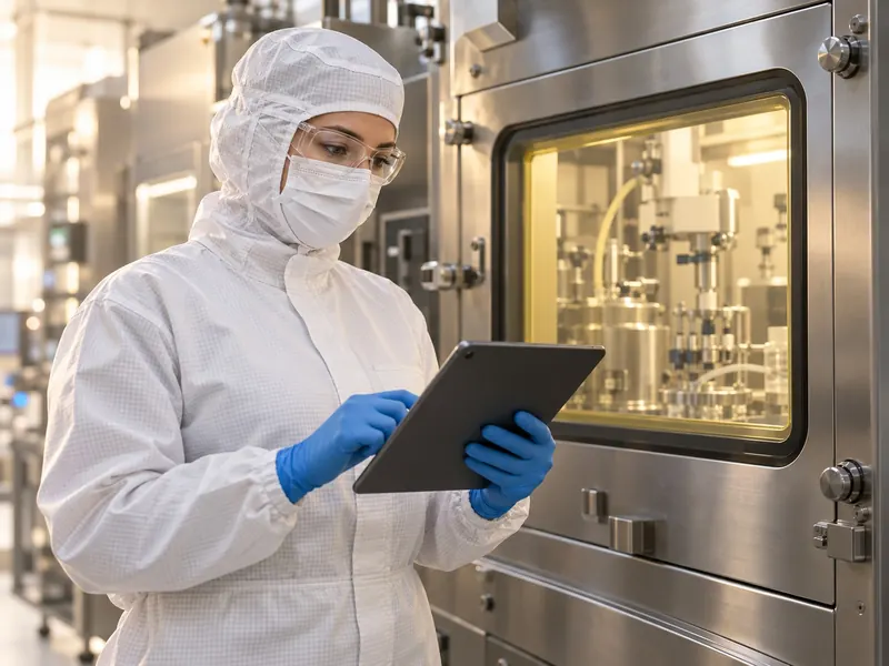 Production operator in cleanroom hood, mask, glasses and gloves using a tablet beside a closed shielded enclosure