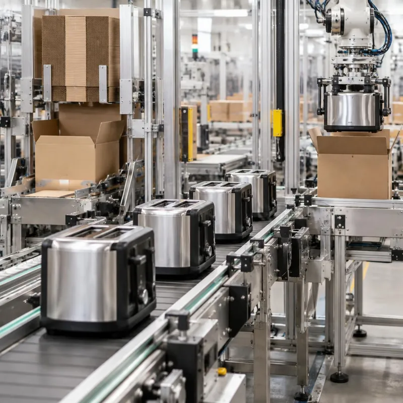 Appliance packing line with automatic case packing